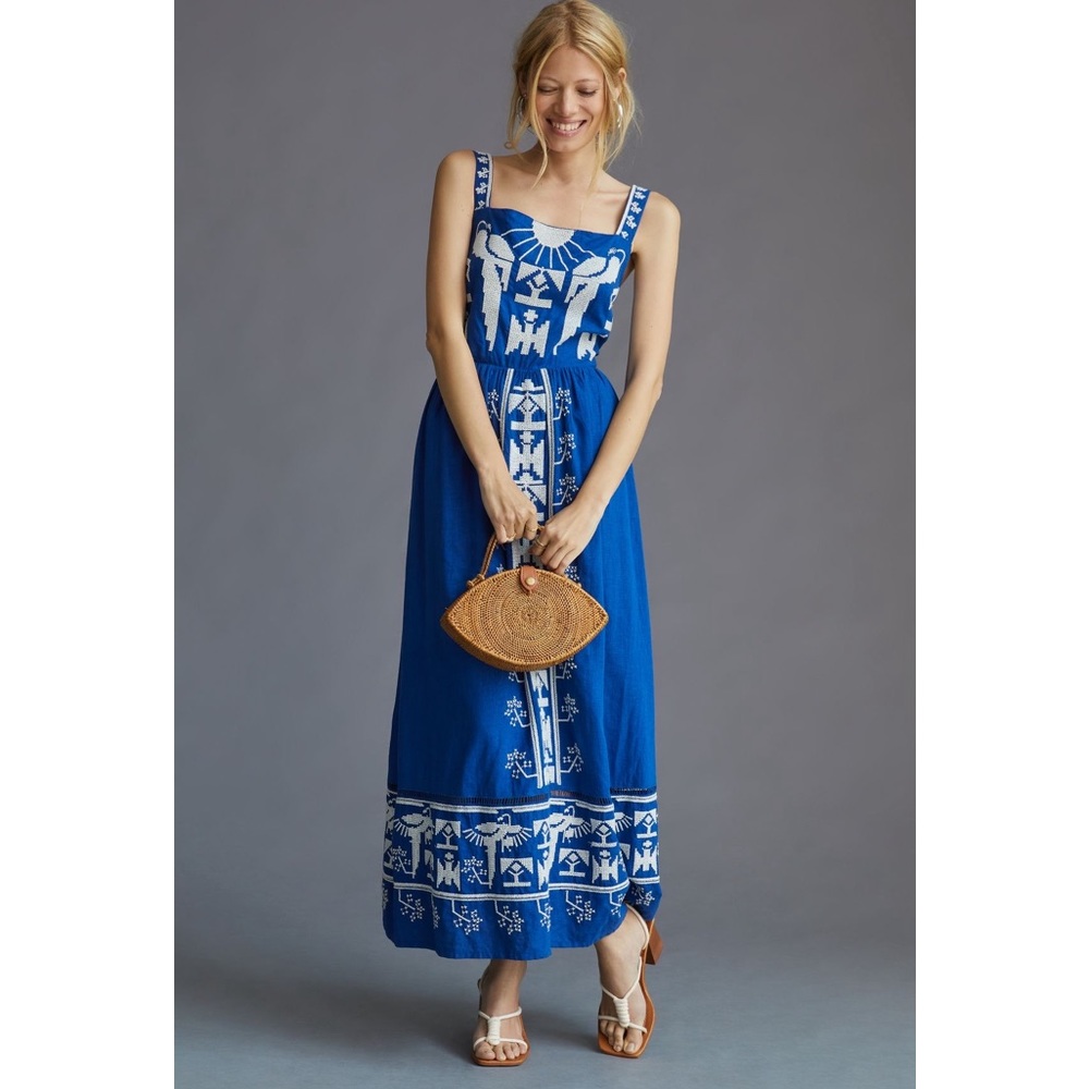 ANTHROPOLOGIE NWT SQUARE NECK EMBROIDERED MIDI DRESS 🌸